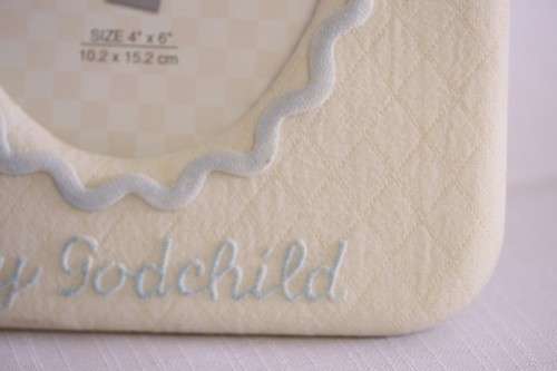 **RS17** An original Russ Bears & Toys hand painted "My Godchild" yellow & blue photo frame