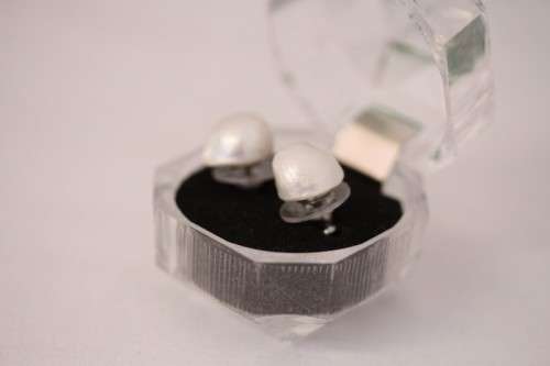 An amazing pair of white cultured baroque pearl earrings in a stunning see-through gift box