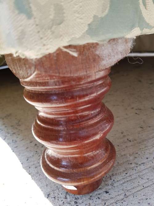 A wonderful "Moorgas & Sons" Brocade fabric couch with cushions & a floral pattern on it