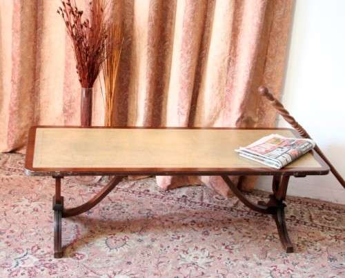 Exquisite vintage Duncan Phyfe inspired mahogany leather top Lyre-harp leg coffee table - RS17Sale