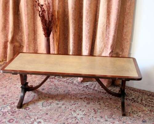 Exquisite vintage Duncan Phyfe inspired mahogany leather top Lyre-harp leg coffee table - RS17Sale