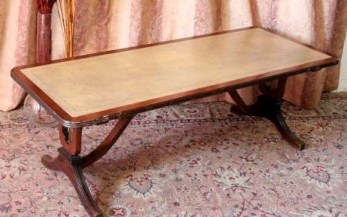 Exquisite vintage Duncan Phyfe inspired mahogany leather top Lyre-harp leg coffee table - RS17Sale