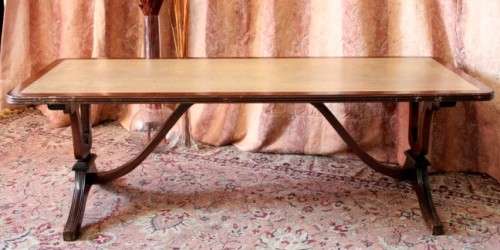 Exquisite vintage Duncan Phyfe inspired mahogany leather top Lyre-harp leg coffee table - RS17Sale