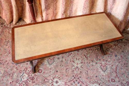 Exquisite vintage Duncan Phyfe inspired mahogany leather top Lyre-harp leg coffee table - RS17Sale