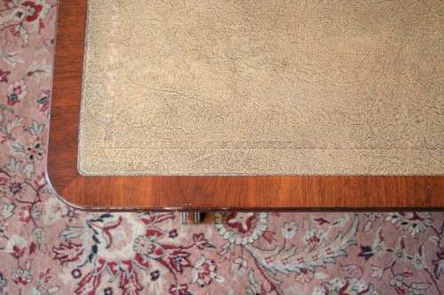 Exquisite vintage Duncan Phyfe inspired mahogany leather top Lyre-harp leg coffee table - RS17Sale