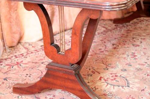Exquisite vintage Duncan Phyfe inspired mahogany leather top Lyre-harp leg coffee table - RS17Sale