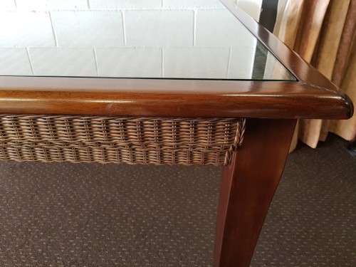 PRICE DRASTICALLY REDUCED!!! A 10-12 seater Mahogany & wicker table with a glass top!