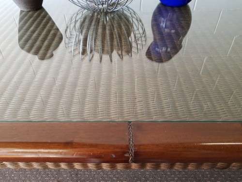 PRICE DRASTICALLY REDUCED!!! A 10-12 seater Mahogany & wicker table with a glass top!