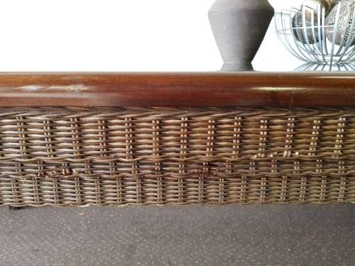 PRICE DRASTICALLY REDUCED!!! A 10-12 seater Mahogany & wicker table with a glass top!