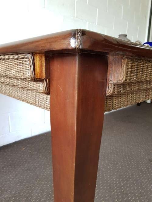 PRICE DRASTICALLY REDUCED!!! A 10-12 seater Mahogany & wicker table with a glass top!