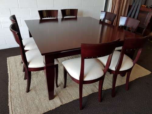 A Spectacular modern 8-seater Mahogany square dining room suite in excellent condition - WOW!!