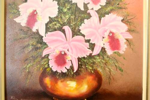 A fantastic large and colourful framed original signed "Paula Van Emmenis" oil painting of flowers.