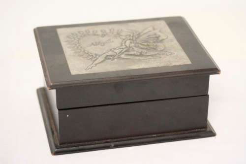 **RS17** A wood and metal top "Fairy" engraved jewellery box with a lined interior and hinged lid