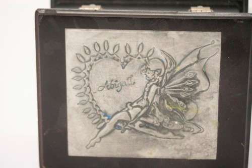**RS17** A wood and metal top "Fairy" engraved jewellery box with a lined interior and hinged lid