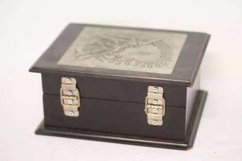 **RS17** A wood and metal top "Fairy" engraved jewellery box with a lined interior and hinged lid