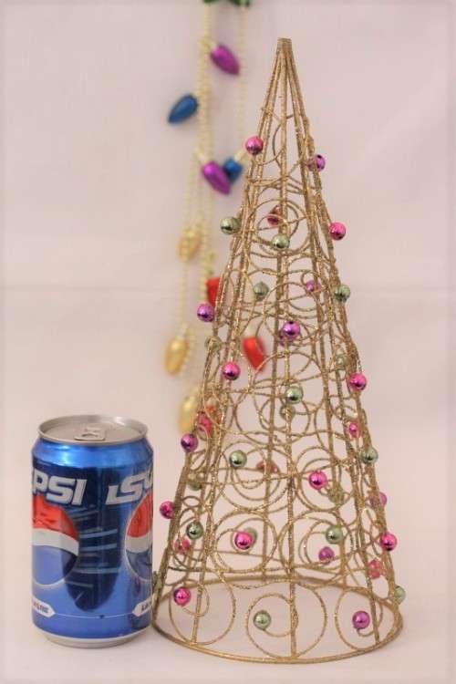 **RS17** A fantastic gold glitter on metal decorative Xmas tree w/ pink & green "beaded" decorations