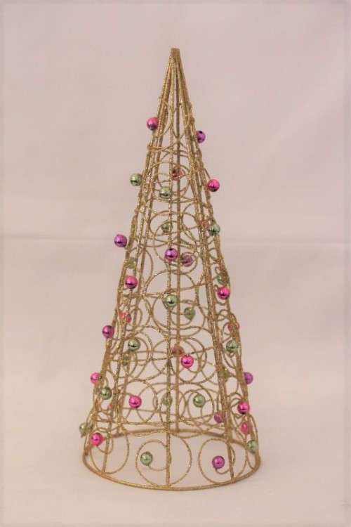 **RS17** A fantastic gold glitter on metal decorative Xmas tree w/ pink & green "beaded" decorations