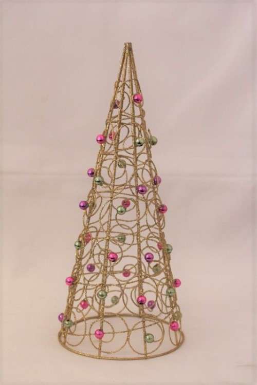 **RS17** A fantastic gold glitter on metal decorative Xmas tree w/ pink & green "beaded" decorations