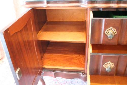 A stunning large vintage side server w/ three large drawers and place for 10 bottles of wine