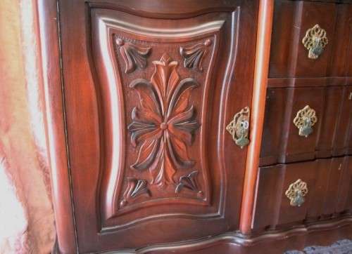 A stunning large vintage side server w/ three large drawers and place for 10 bottles of wine