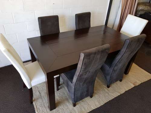 Stunning stylish teak 180cm dining table with awesome grey and white high-back chairs!