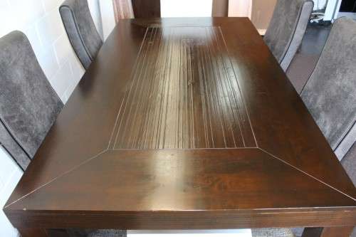 Stunning stylish teak 180cm dining table with awesome grey and white high-back chairs!