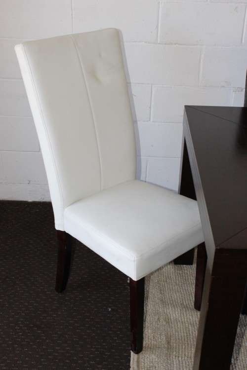 Stunning stylish teak 180cm dining table with awesome grey and white high-back chairs!