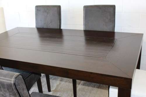 Stunning stylish teak 180cm dining table with awesome grey and white high-back chairs!