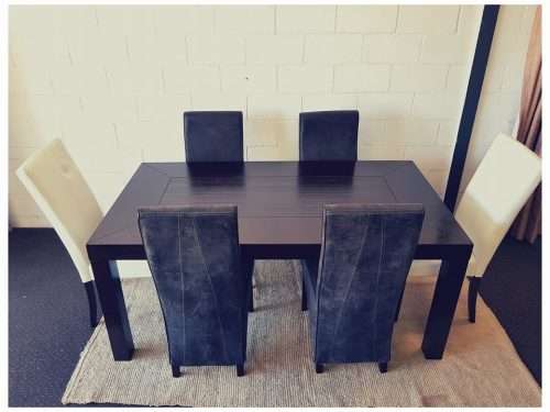 Stunning stylish teak 180cm dining table with awesome grey and white high-back chairs!