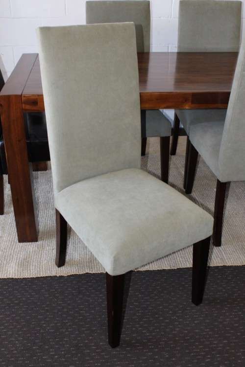 **RS17** A modern solid teak (180cm) dining table w/ 6x stylish upholstered high-back chairs