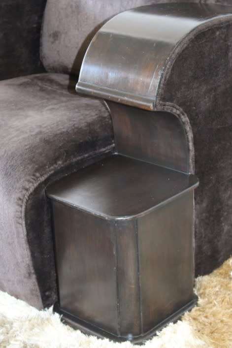 An incredible and rare Art Deco "club" armchair with drinks-rest in a rich chocolate brown fabric