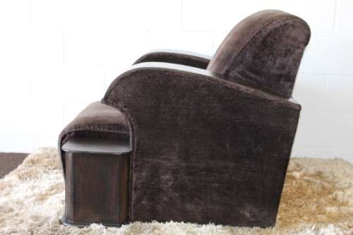 An incredible and rare Art Deco "club" armchair with drinks-rest in a rich chocolate brown fabric