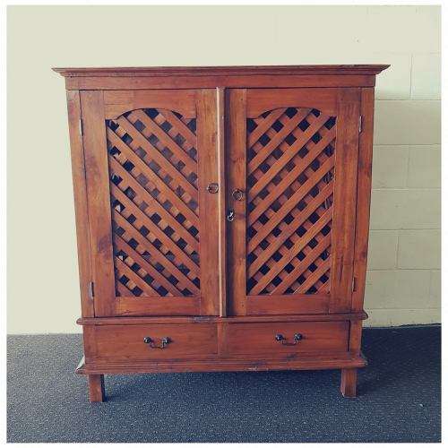**RS17_Clearance** Balinese Teak entertainment cabinet with fold-back doors and two drawers