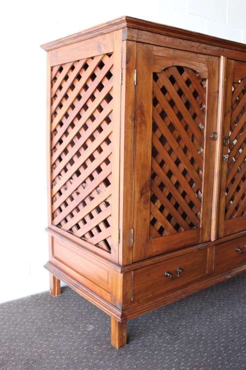 **RS17_Clearance** Balinese Teak entertainment cabinet with fold-back doors and two drawers