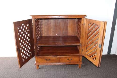 **RS17_Clearance** Balinese Teak entertainment cabinet with fold-back doors and two drawers