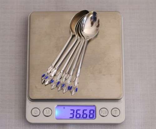 A superb set of 6x original Art Deco hallmarked sterling silver demitasse spoons w/ enamel detailing