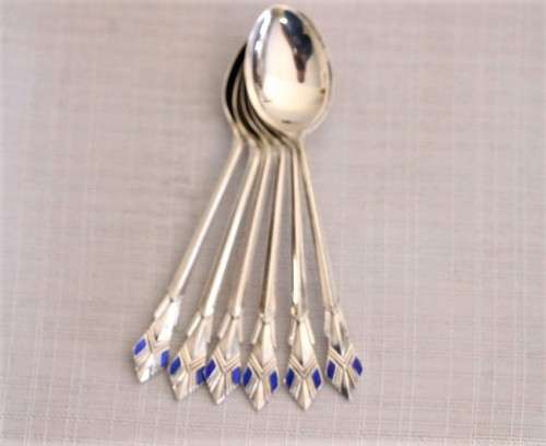 A superb set of 6x original Art Deco hallmarked sterling silver demitasse spoons w/ enamel detailing