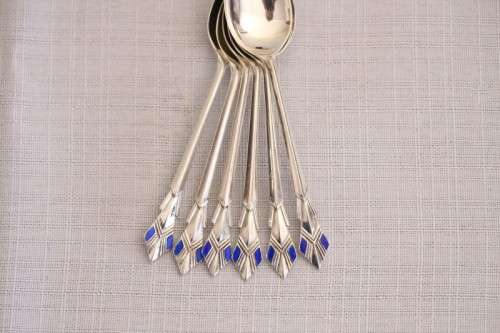 A superb set of 6x original Art Deco hallmarked sterling silver demitasse spoons w/ enamel detailing