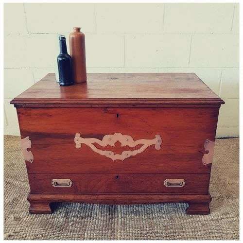 A magnificent and well-made solid Teak storage Kist w copper & brass embellishments + bottom drawer!