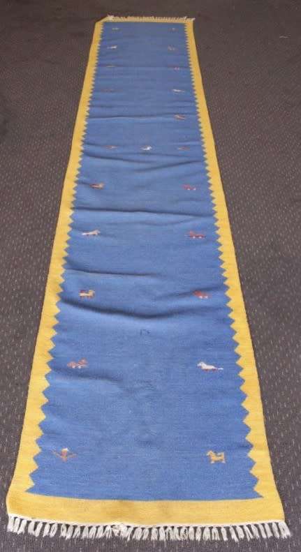 **RS17** A superb (3.67M) original Iranian blue & yellow "Qashqai Gabbeh" pure wool runner carpet