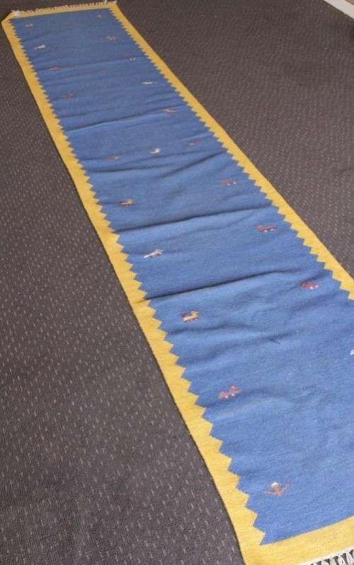 **RS17** A superb (3.67M) original Iranian blue & yellow "Qashqai Gabbeh" pure wool runner carpet