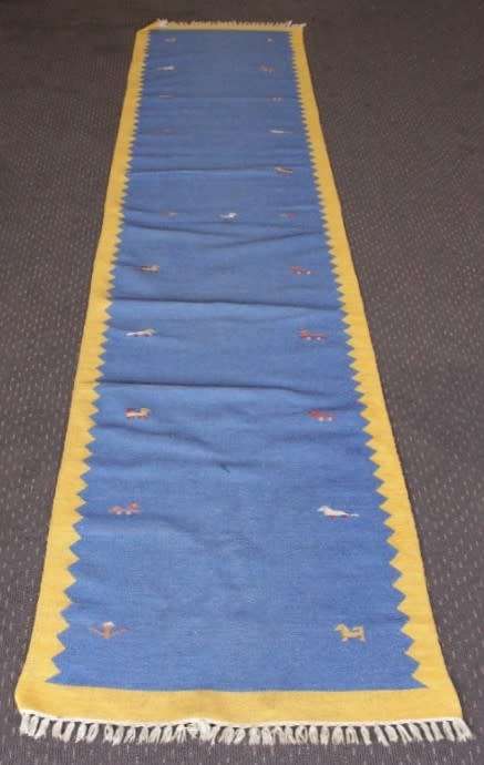 **RS17** A superb (3.67M) original Iranian blue & yellow "Qashqai Gabbeh" pure wool runner carpet