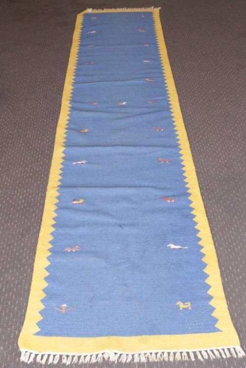 **RS17** A superb (3.67M) original Iranian blue & yellow "Qashqai Gabbeh" pure wool runner carpet
