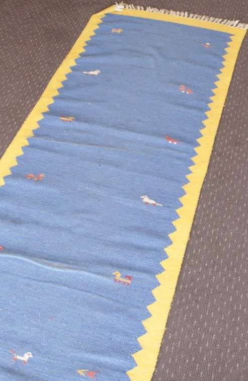 **RS17** A superb (3.67M) original Iranian blue & yellow "Qashqai Gabbeh" pure wool runner carpet