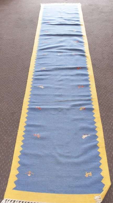 **RS17** A superb (3.67M) original Iranian blue & yellow "Qashqai Gabbeh" pure wool runner carpet