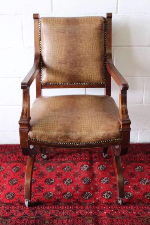 A magnificent and RARE Edwardian office chair with incredible marquetry inlay detailing on castors!!