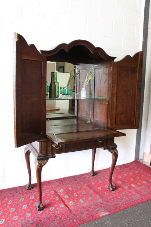 Magnificent tall Imbuia cocktail cabinet w/ a fold-down serving shelf & ball & claw legs - RS17Sale