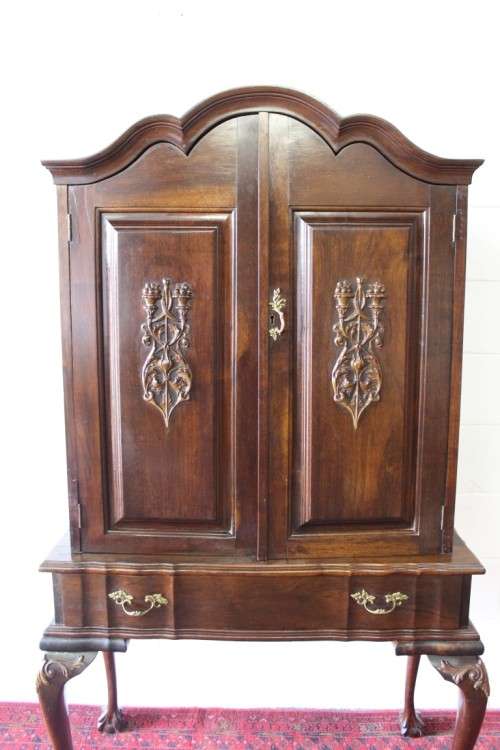 Magnificent tall Imbuia cocktail cabinet w/ a fold-down serving shelf & ball & claw legs - RS17Sale