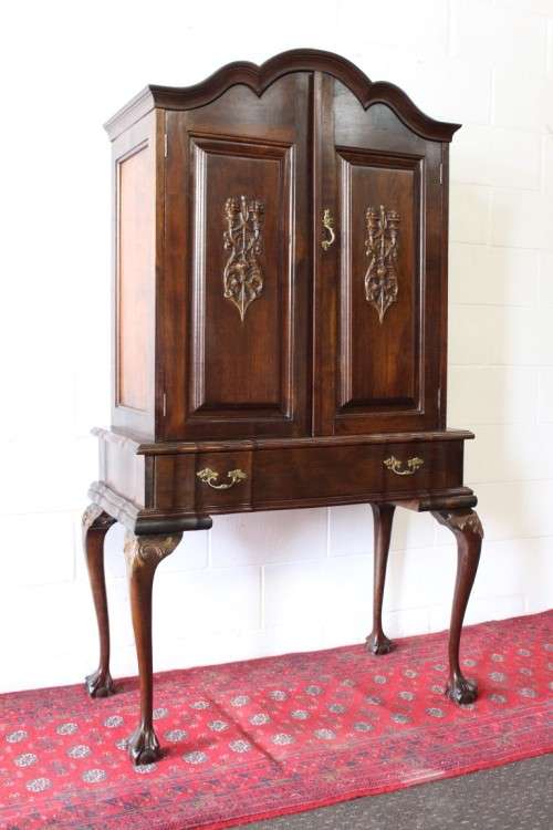 Magnificent tall Imbuia cocktail cabinet w/ a fold-down serving shelf & ball & claw legs - RS17Sale