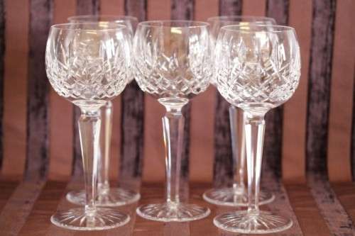 Superb set of 5x original Irish made Waterford crystal long-stem wine glasses in the Lismore pattern